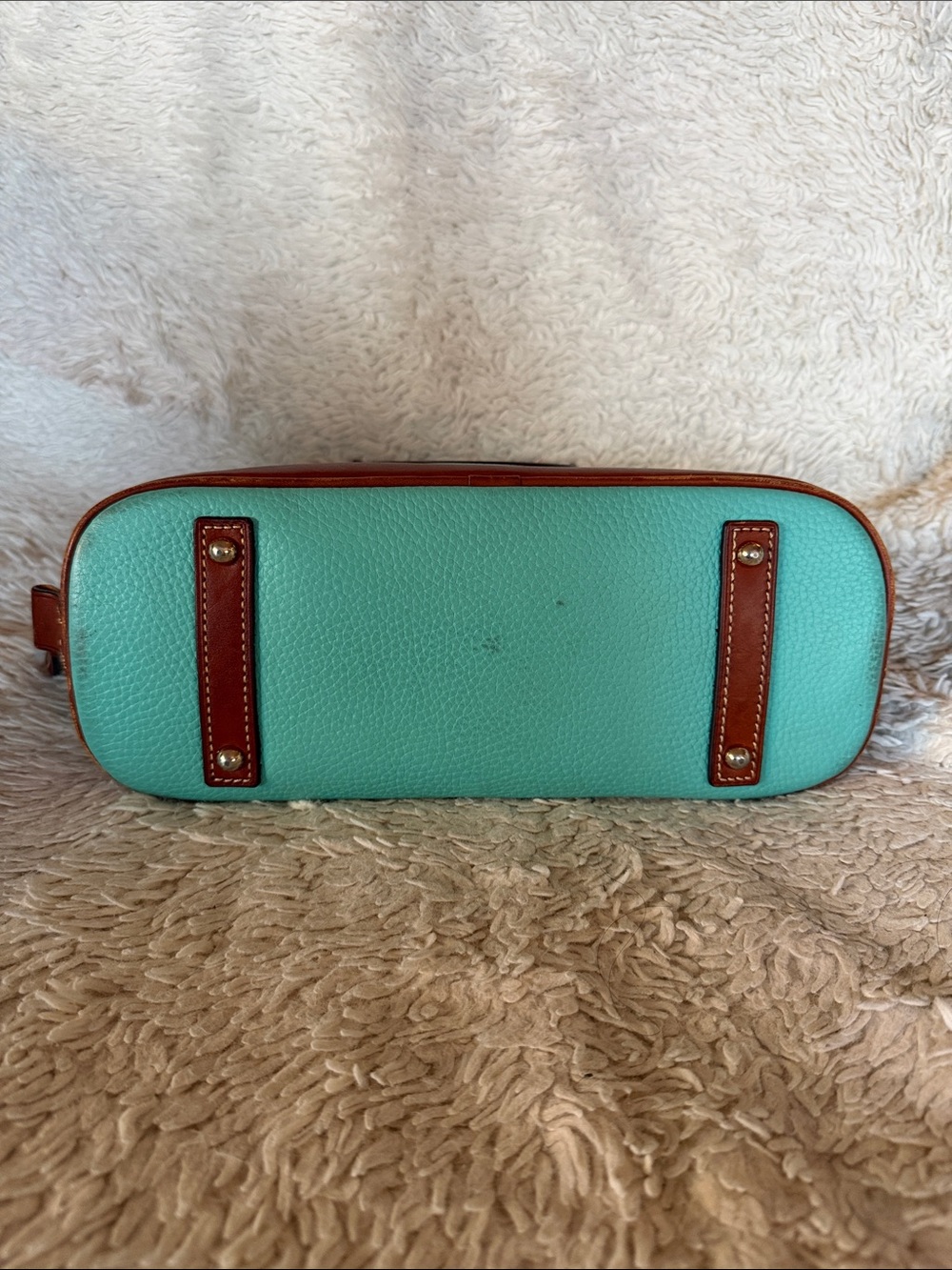 Dooney & Bourke Aqua Pebble Leather Satchel with Brown Trim and Handles - Picture 6 of 13
